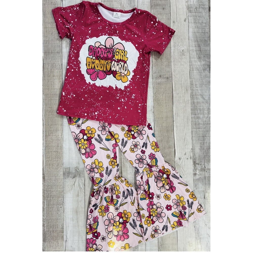 Girls Boutique 2 Piece Outfit Set Size 7/8 Pink Floral Bell Bottom Pants Soft